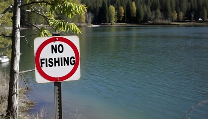 No Fishing sign next to a lake, environmentally friendly area concept