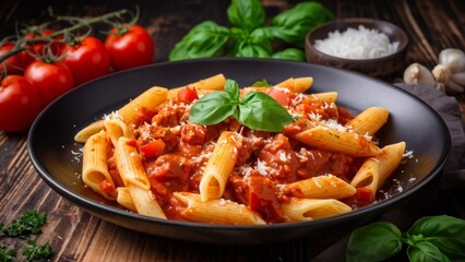 A dish of Italian cuisine. Pasta with tomato sauce and chicken.