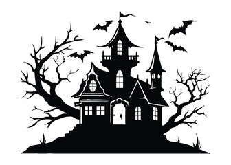 Black Silhouette of Haunted House with Bat and Bare Tree Vector Illustration