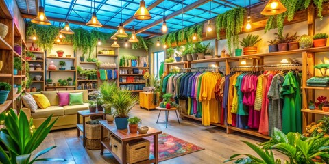 Bohemian Chic Clothing Boutique with Hanging Plants and Warm Lighting, boho , clothing , boutique , interior design