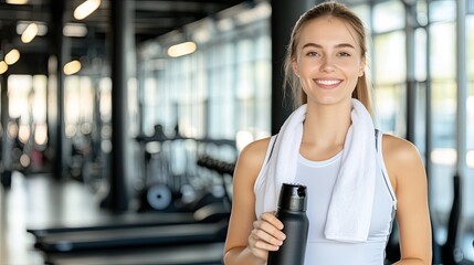 A cheerful woman wearing athletic clothing holds a shaker and has a towel draped around her neck, standing in a bright gym filled with natural light