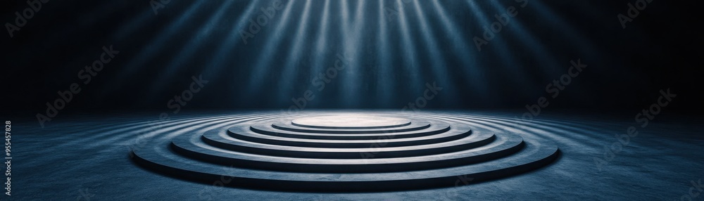 Poster circular spotlight patterns: focused spotlight beams forming concentric circles on a dark stage for 
