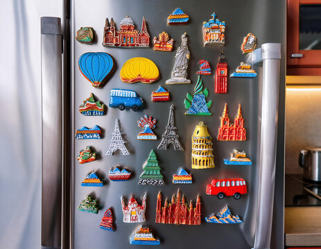 Colorful magnets  in different shapes with various touristic places  on a modern grey refrigerator