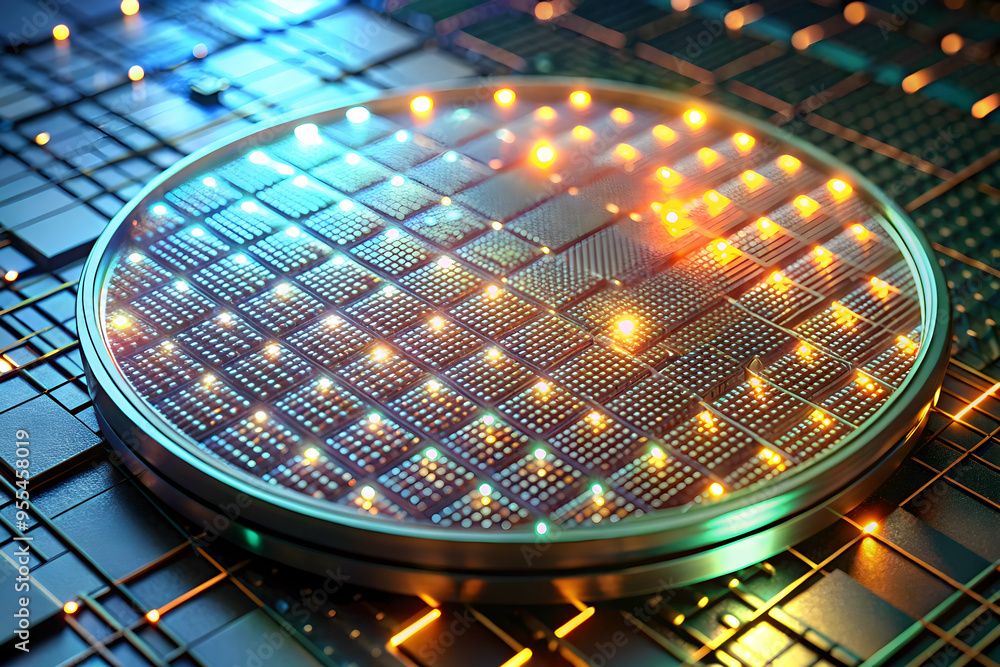 Poster the heart of innovation: a mesmerizing close-up of a gleaming microchip, its intricate circuits illu