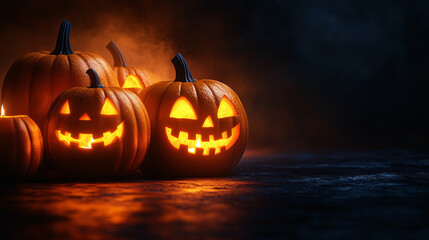 Halloween pumpkins with a carved face on a dark background, with space for text