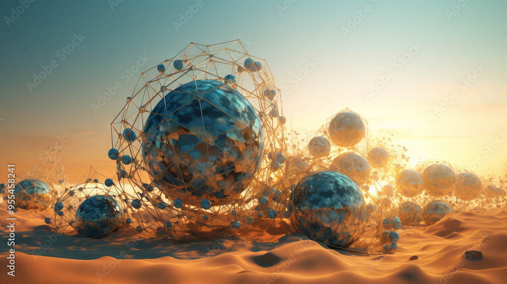Poster Abstract scfi-fi landscape with connected 3D balls and molecular grid structure. Futuristic surreal abstraction.