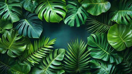 Green monstera leaves in a tropical jungle with sunlight, close-up, banner design background