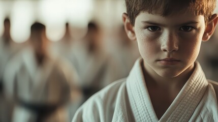 A serious boy in a gi uniform stands focused during a martial arts class in the dojo, representing determination, learning, and the discipline of martial training. - Powered by Adobe