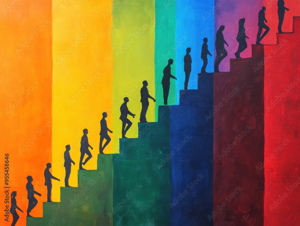 Poster abstract human figures climbing a staircase of knowledge and empathy, with each step painted in diff