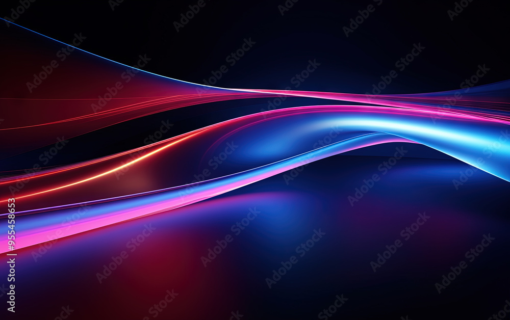 Poster vibrant abstract blue and red waveform with fluid motion and colorful gradients.
