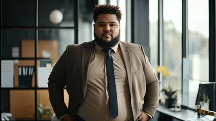 Plus size businessman in an office, promoting body inclusivity in a professional setting.