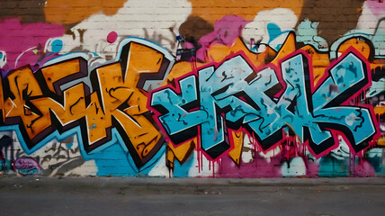 Urban Art Explosion: A vibrant and dynamic graffiti mural explodes across a brick wall, a symphony of color and texture in a captivating display of street art.