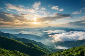 beautiful sunrise over the mountain, fantastic view of green mountain valley with sunrays on cloud, beautiful nature wallpaper, sunset over the mountain top view, green nature background, green  hills