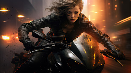Action shot with woman on the bike riding away from fire and explosion. Dynamic scene in action movie blockbuster style.
