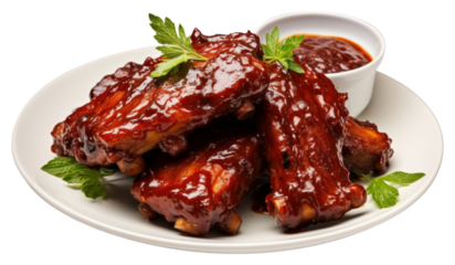 PNG  Plate of cut baby back ribs with barbecue sauce plate meat food.