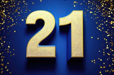 3d number twenty one on blue background with golden confetti. birthday celebration, top view