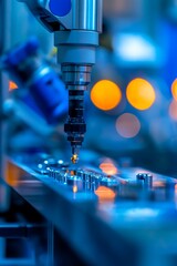 Advanced robotics in action, with blue and white mechanical arms assembling parts with high precision in a clean industrial setting