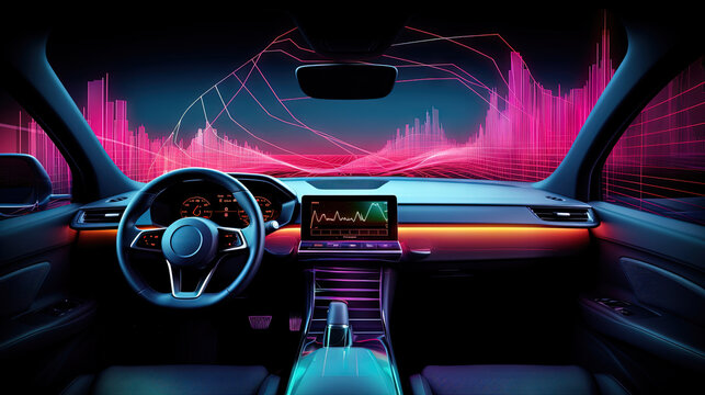Futuristic car dashboard with graphs and bars for measurement and tuning of self-driving vehicle
