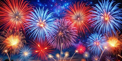 Naklejka premium Celestial Fireworks Display, Night Sky, Celebration, Independence Day, Holiday