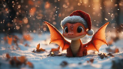 Cute dragon in a Santa hat, on a winter background creates an atmosphere of joy and festivity