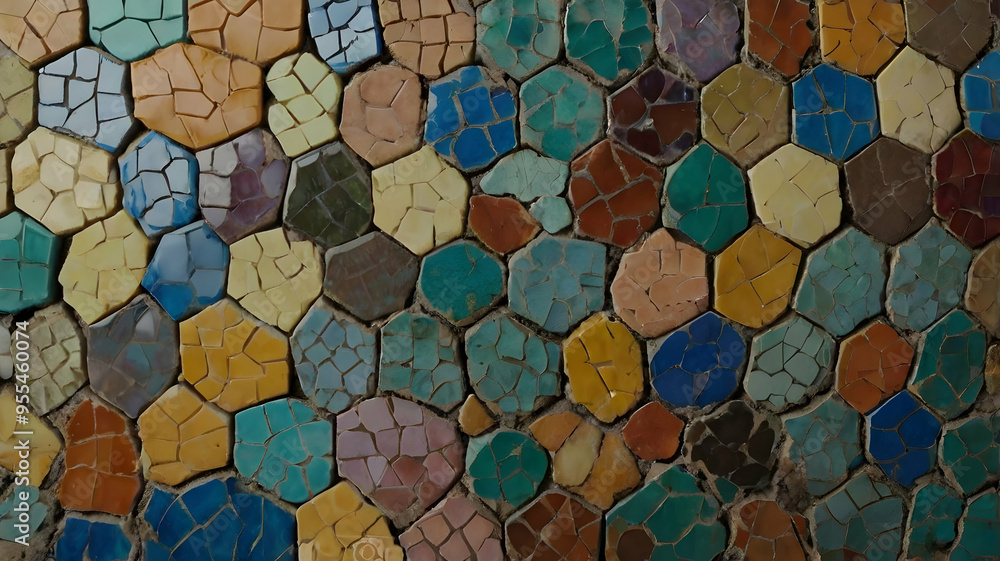 Poster mosaic of colors: a mesmerizing close-up of a vibrant mosaic, showcasing a kaleidoscope of colors an