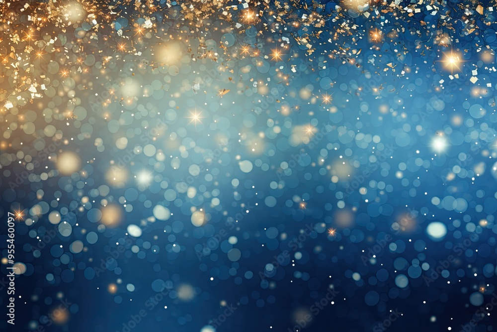 Poster blue background with silver and gold snowflake particles and blurred bokeh sparkles