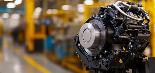 Fototapeta premium Detailed view of a car engine assembly line in a modern automotive factory, showcasing precision engineering and advanced machinery