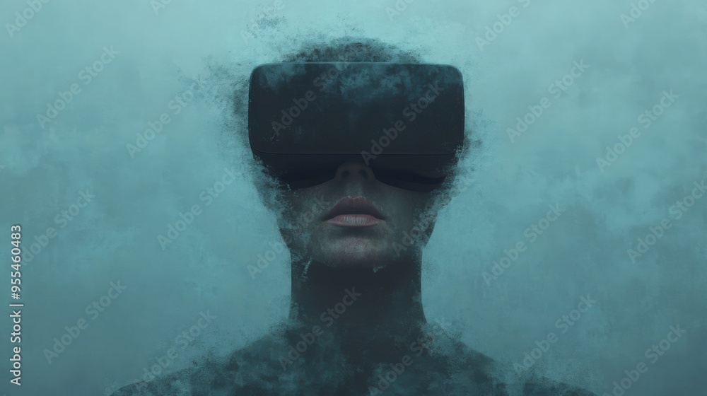 Poster virtual reality art depicting the internal struggle with depression, with ai-driven visuals of sadne