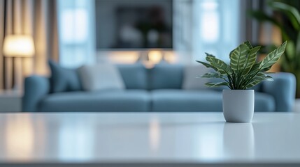 Closeup of a Green Plant on a White Table in a Living Room