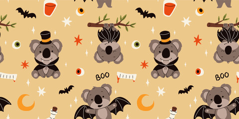 Vector cartoon seamless pattern of cute koala for kids. Koala in vampire costume, with bat wings for halloween, with crescent moon, stars, red potion bottle and teeth with blood. © tanyabosyk