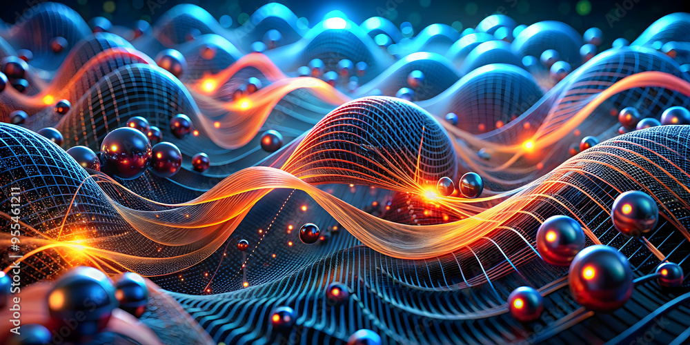 Poster quantum tapestry: waves of interconnected nodes and energy pulsate in an abstract 3d render, symboli