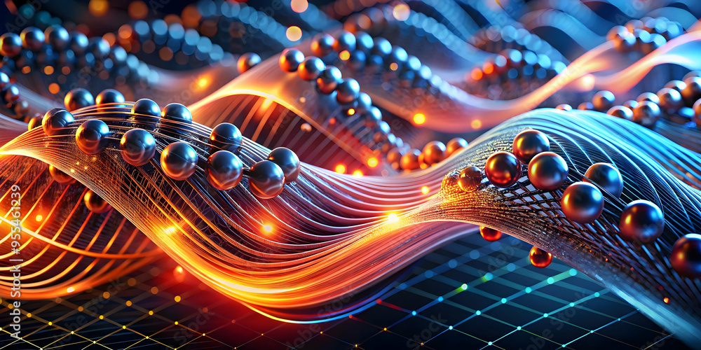 Poster quantum tapestry: waves of interconnected nodes and energy pulsate in an abstract 3d render, symboli