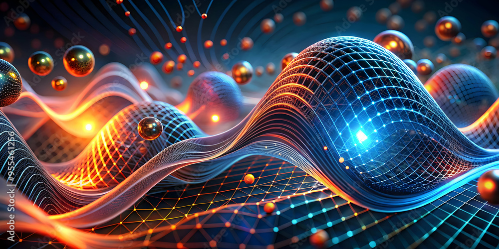 Poster quantum tapestry: waves of interconnected nodes and energy pulsate in an abstract 3d render, symboli