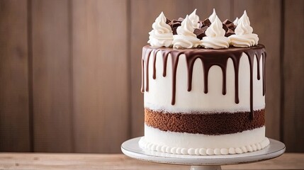 A delicious chocolate cake featuring a rich melted chocolate topping, elegantly presented on a wooden table with a soft gray backdrop, ideal for showcasing desserts and celebrations