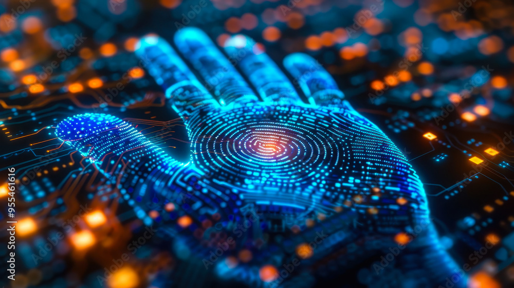 Poster cybersecurity fingerprint scanning technology ensuring secure transactions digital identification an