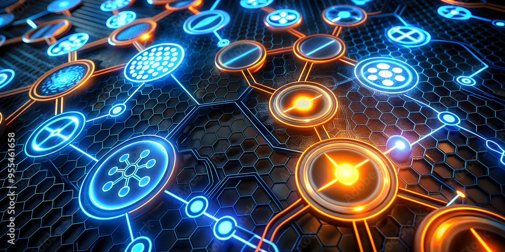 Poster digital synergy: a futuristic network of glowing hexagons interlinked, signifying connectivity, inno