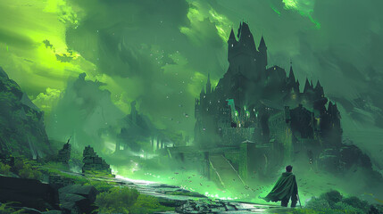 Obraz premium Mysterious Man Gazing at Abandoned Castle with Eerie Green Sky, Concept Digital Art Imagery, Fantasy, Enigma, Adventure, Night Scene, Atmospheric, Mood, Surreal, Haunted Landscape Illustration