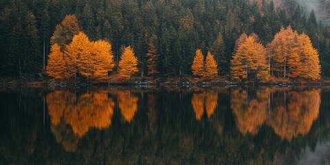Obraz premium A calm lake reflecting fall colors 