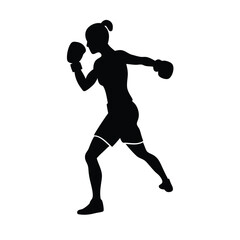 Female boxing player pose vector silhouette, isolated white background