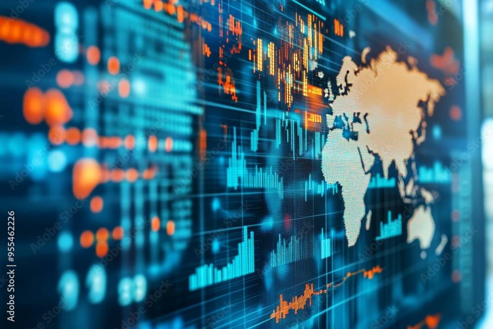 Poster visual representation of trade analytics with graphs and charts analyzing global market trends