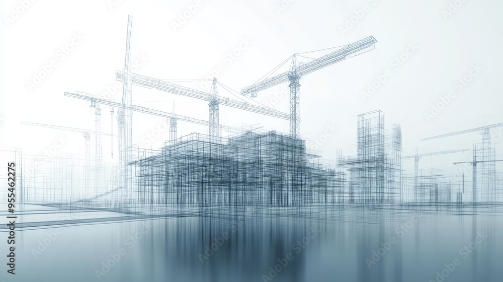 Poster digital blueprint of a building under construction with cranes, showcasing modern architecture.