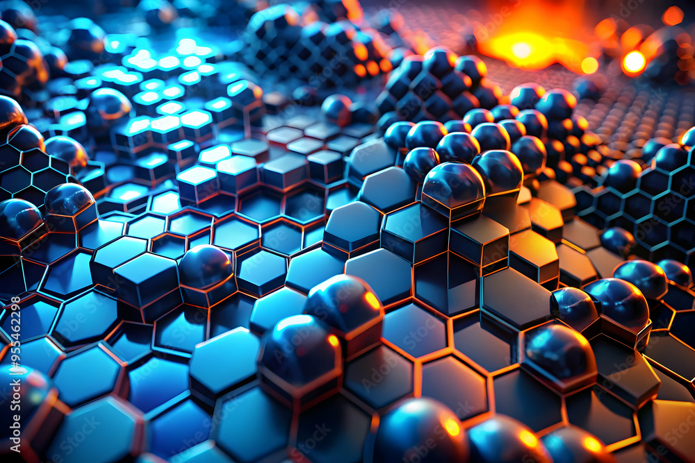 Poster abstract digital landscape: a mesmerizing digital landscape of interconnected spheres and hexagonal 