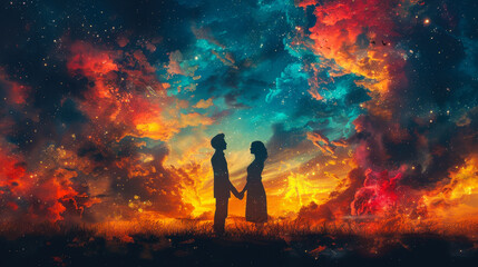 Fototapeta premium Romantic Sunset Silhouette of Couple Holding Hands Against Vibrant Colorful Sky, Cosmic Love, Dreamy Evening Scene, Emotional Connection, Lovers in Twilight, Fantasy Landscape