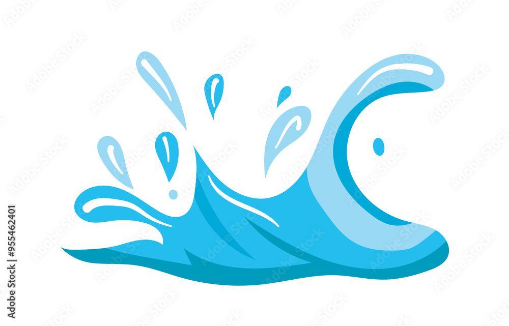 Fototapete This flat vector illustration features a blue wave with splashes in a vibrant and dynamic style the ocean wave design includes clear blue water and splashing drops perfect for seaside themes