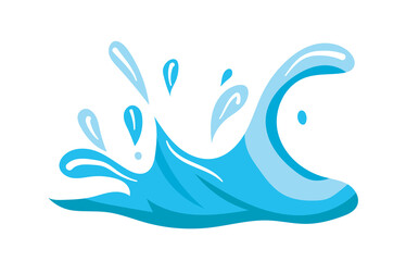 This flat vector illustration features a blue wave with splashes in a vibrant and dynamic style the ocean wave design includes clear blue water and splashing drops perfect for seaside themes