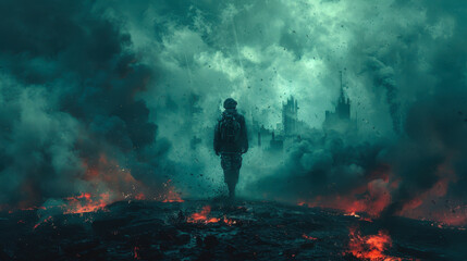 Lone Soldier Amidst Battlefield Ruins Post-War, Digital Art, Moody Sky, Desolation, Survivor Reflection, Twilight