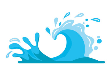 A blue ocean wave splashing against a white background flat vector illustration representing the dynamic movement and refreshing nature of the sea