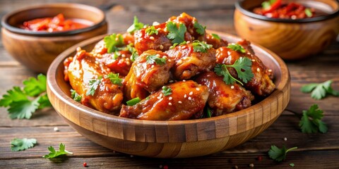 Close-up of Sesame and Chili Glazed Chicken Wings in a Wooden Bowl on Rustic Table, chicken wings, glazed wings, sesame glaze, chili glaze, ,
