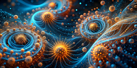 Cosmic Dance of Light and Form: A mesmerizing abstract fractal artwork depicting a swirling, ethereal dance of light and form. Blue, orange, and gold hues intertwine, creating a dynamic and captivatin