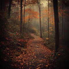 Tranquil Woodland Trail, a serene pathway embraced by colorful autumn foliage, inviting exploration and reflection amidst nature's beauty.